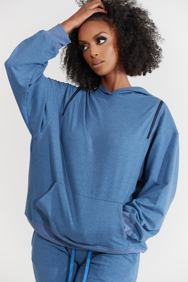 BLUE OVERSIZED HOODED ZIPPER SWEAT - NABZ SAAD
