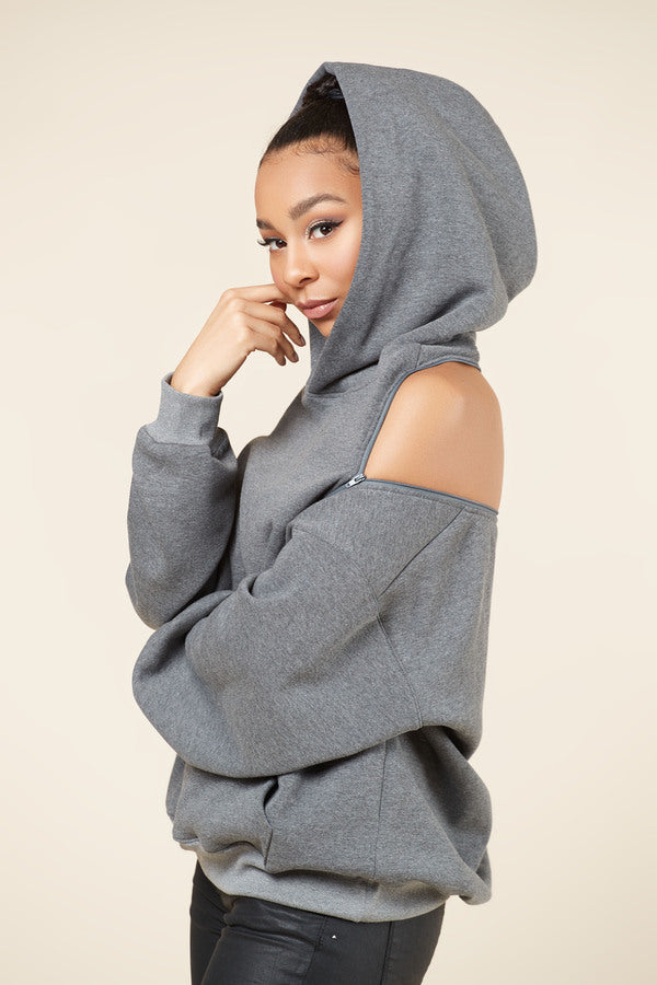 Oversized Cold Shoulder Hooded Zipper | Nabz Saad