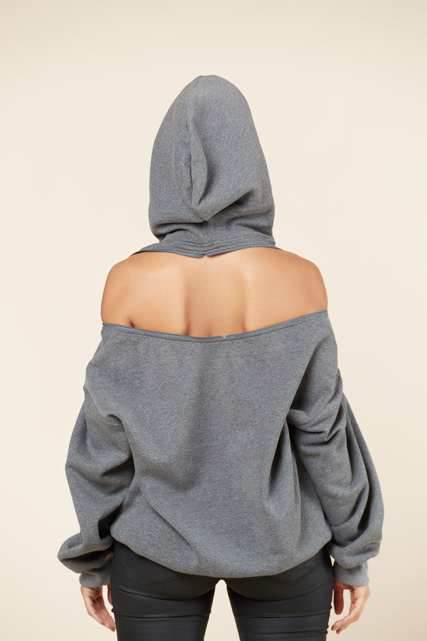 Oversized Cold Shoulder Hooded Zipper - Nabz Saad