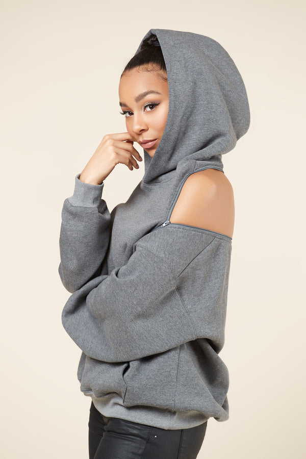 Oversized Cold Shoulder Hooded Zipper 